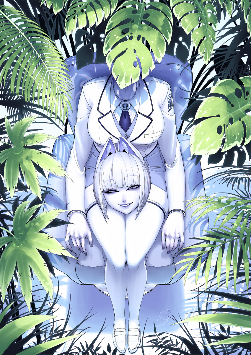 1girl absurdres animal_ears arm_rest armchair blunt_bangs breasts byackopath byackopath_(artist) chair collared_shirt colored_skin disembodied_head dullahan fern from_above full_body grey_skirt grey_vest grin half-closed_eyes highres jacket large_breasts leaf loafers long_sleeves looking_at_viewer looking_up miniskirt necktie original purple_necktie shade shirt shoes short_hair signature skirt smile solo suit suit_jacket vest white_footwear white_hair white_shirt white_skin white_suit