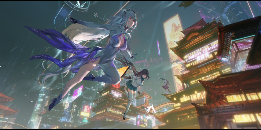 3girls architecture asymmetrical_legwear black_gloves black_hair bodysuit breasts cityscape cleavage covered_navel dress east_asian_architecture fingerless_gloves flying full_body gloves green_skirt grey_hair high_heels highres jacket jumping large_breasts leg_up long_hair miniskirt multiple_girls neon_lights night night_sky pleated_skirt purple_bodysuit purple_dress rain red_eyes school_uniform searchlight short_dress single_leg_pantyhose skirt sky swd3e2 thighhighs tight_clothes tower_of_fantasy very_long_hair white_jacket white_thighhighs zettai_ryouiki