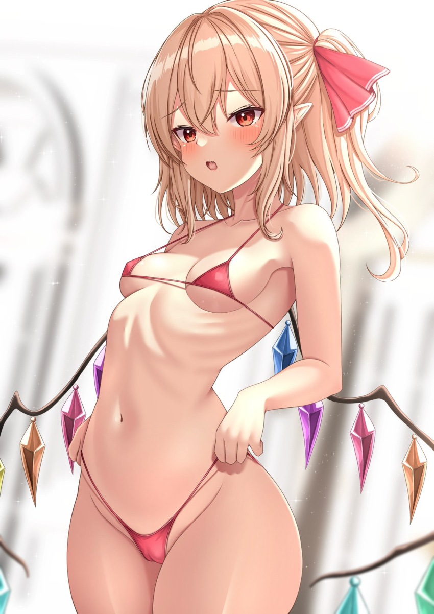 1girl :o arched_back bare_arms bikini bikini_pull blonde_hair blurry blurry_background blush cameltoe clothes_pull collarbone commentary_request flandre_scarlet groin hair_between_eyes hair_ribbon highres micro_bikini navel open_mouth pointy_ears red_bikini red_eyes reijing_etrn ribbon ribs sidelocks smile solo standing swimsuit touhou