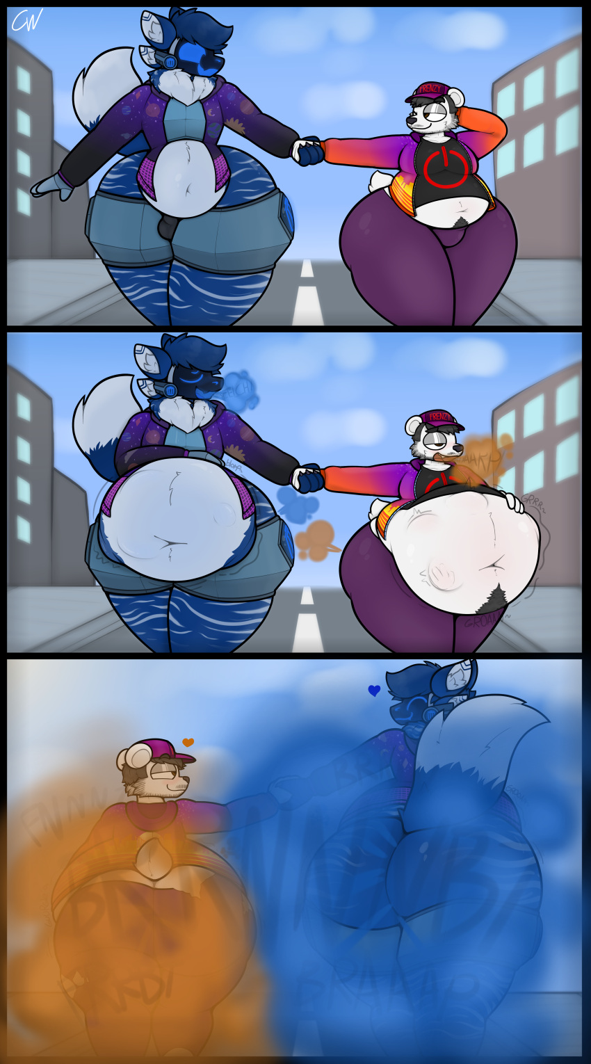 abdominal_bulge absurd_res anthro bear belly big_belly big_butt blush bulge burping butt butt_shot city city_background clothed clothing comic digestion digital_media_(artwork) duo fart fart_cloud fart_fetish fatal_vore fluffy gas gassy grey_winters(articursidae) hand_holding hi_res looking_at_another machine male male/male mammal neck_tuft oral_vore overweight overweight_male polar_bear protogen rumbling_stomach simple_background slightly_chubby struggling struggling_prey thick_thighs toony tuft ursine vore voxer_bright(mrtrash) weight_gain wide_hips wrongcable