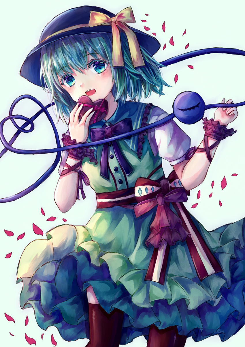 1girl absurdres black_headwear black_thighhighs blouse bow collar eyeball frilled_shirt_collar frilled_sleeves frills green_eyes green_hair green_skirt green_vest hat hat_bow hat_ribbon heart heart_of_string highres holding komeiji_koishi open_mouth petals ribbon shirt skirt solo suzushina teeth thighhighs third_eye touhou upper_teeth_only vest white_background yellow_bow yellow_ribbon yellow_shirt