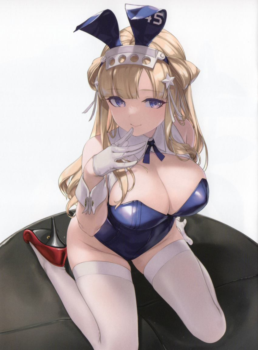 1girl absurdres alternate_costume animal_ears blonde_hair blue_eyes blue_leotard blush breasts cleavage closed_mouth comiket_102 detached_collar double_bun fake_animal_ears finger_to_mouth fletcher_(kancolle) gloves hair_bun hair_flaps hair_ornament high_heels highres large_breasts leotard long_hair looking_at_viewer non-web_source playboy_bunny purple_eyes rabbit_ears red_footwear rokuwata_tomoe scan simple_background sitting smile solo star_(symbol) star_hair_ornament strapless strapless_leotard thighhighs wariza white_background white_gloves white_thighhighs wrist_cuffs