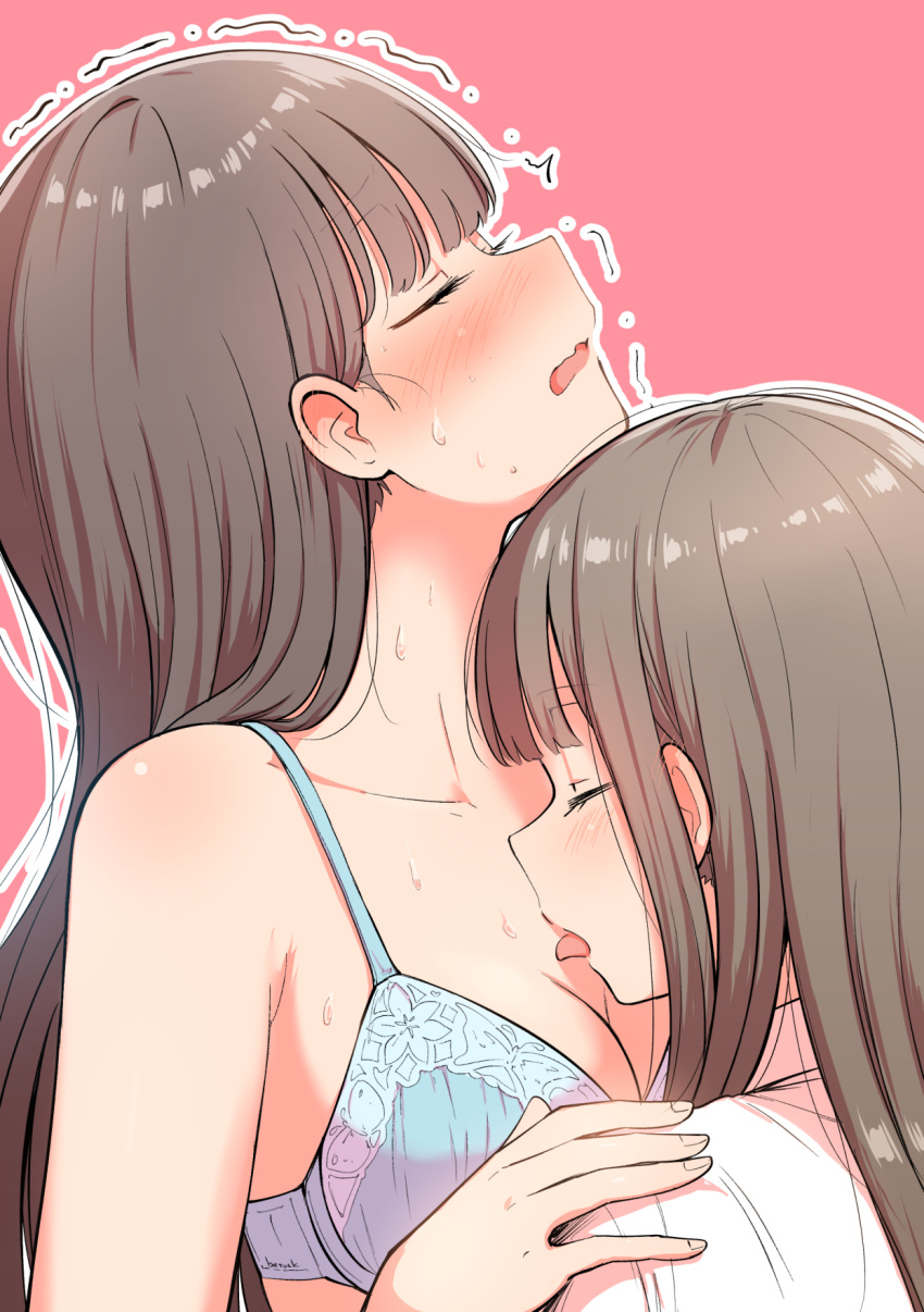 2girls betock blue_bra blush bra breasts brown_hair cleavage closed_eyes collarbone commentary_request ear_blush highres licking_another long_hair medium_breasts multiple_girls open_mouth original outline pink_background shirt sidelocks simple_background sweat trembling underwear upper_body wavy_mouth white_outline white_shirt yuri
