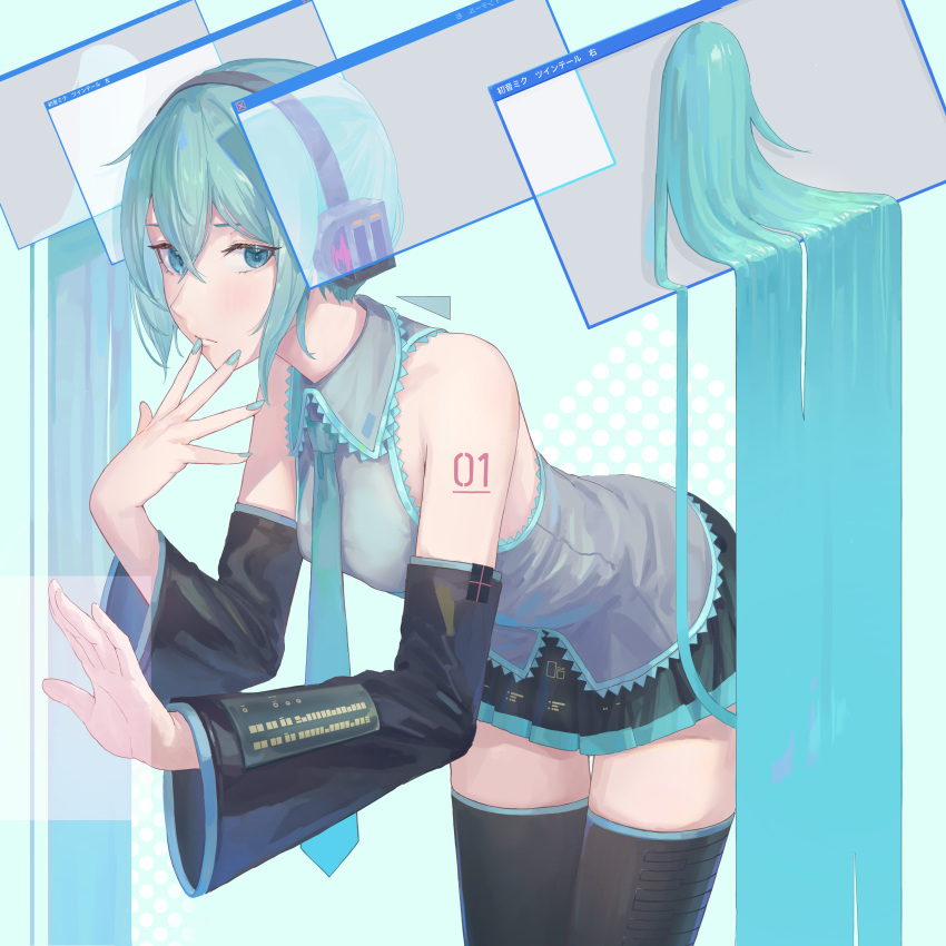 1girl absurdres aqua_eyes aqua_hair aqua_nails aqua_necktie bare_shoulders bent_over black_skirt black_thighhighs breasts crossed_bangs detached_hair detached_sleeves fingernails grey_shirt hair_between_eyes hand_to_own_mouth hatsune_miku headphones highres long_hair long_sleeves looking_at_viewer miniskirt necktie number_tattoo shirt skirt sleeveless sleeveless_shirt solo tadanotarosuke tattoo thighhighs twintails very_long_hair vocaloid window_(computing)