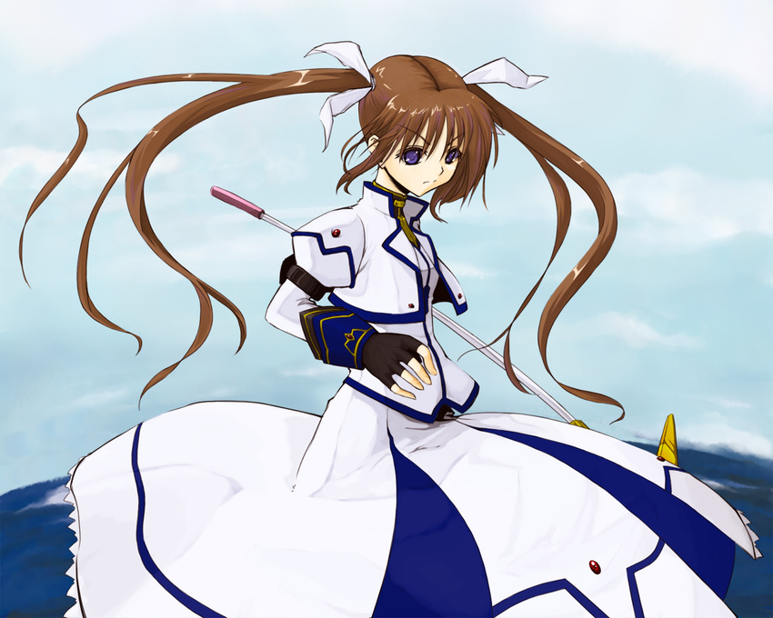 black_gloves blue_eyes dress fingerless_gloves gloves hair_ribbon left-handed looking_at_viewer lyrical_nanoha mahou_shoujo_lyrical_nanoha nanotsuki raising_heart ribbon solo takamachi_nanoha twintails uniform white_dress white_ribbon