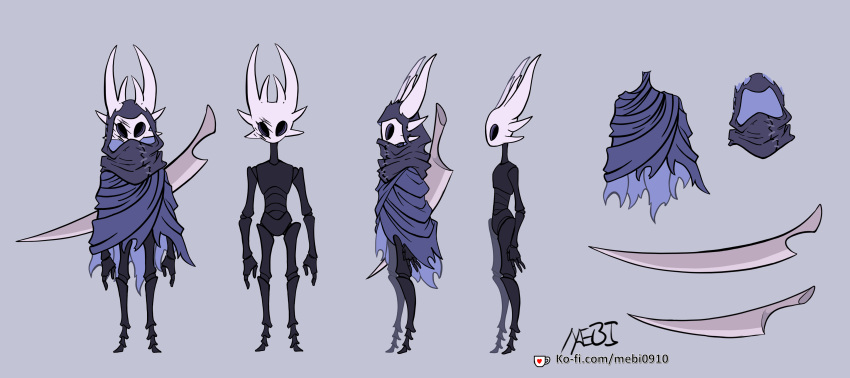 2023 8_horns absurd_res ambiguous_gender anthro arthropod black_body blue_background blue_clothing blue_robe clothing colored cracked_mask cracks fan_character featureless_crotch hi_res hollow_knight horn insect ko-fi ko-fi_logo looking_at_viewer mask mebi melee_weapon model_sheet multi_horn nude obscured_eyes robe scar signature simple_background solo sword sword_on_back team_cherry weapon white_mask