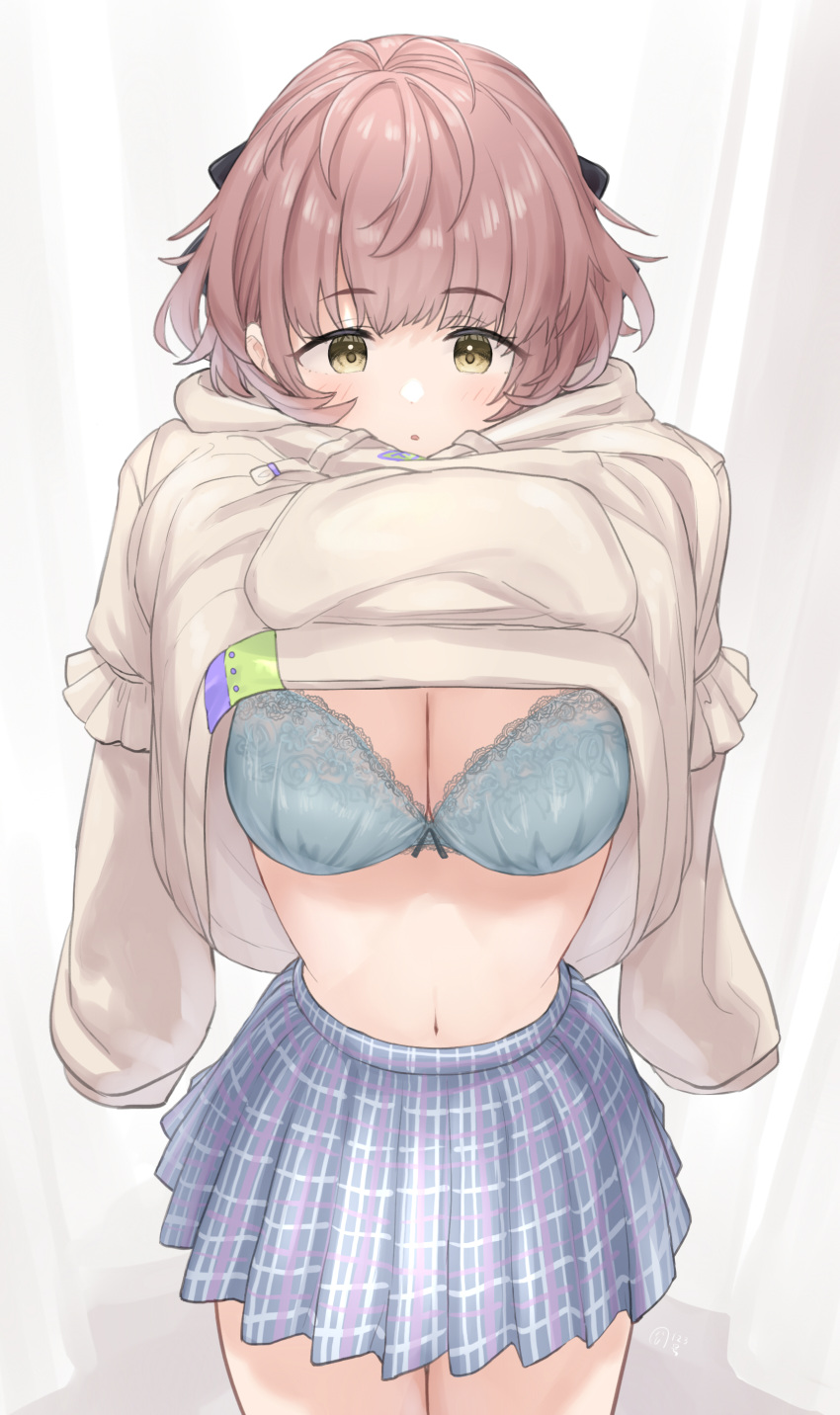 1girl absurdres blue_bra blue_skirt blush bow bow_bra bra breasts brown_hair clothes_lift clothes_pull from_above hair_bow highres idolmaster idolmaster_shiny_colors ikuta_haruki kijibato_123-gou lace-trimmed_bra lace_trim lifted_by_self medium_breasts navel open_mouth plaid plaid_skirt pleated_skirt pulled_by_self shirt_lift short_hair skirt solo standing underwear undressing yellow_eyes