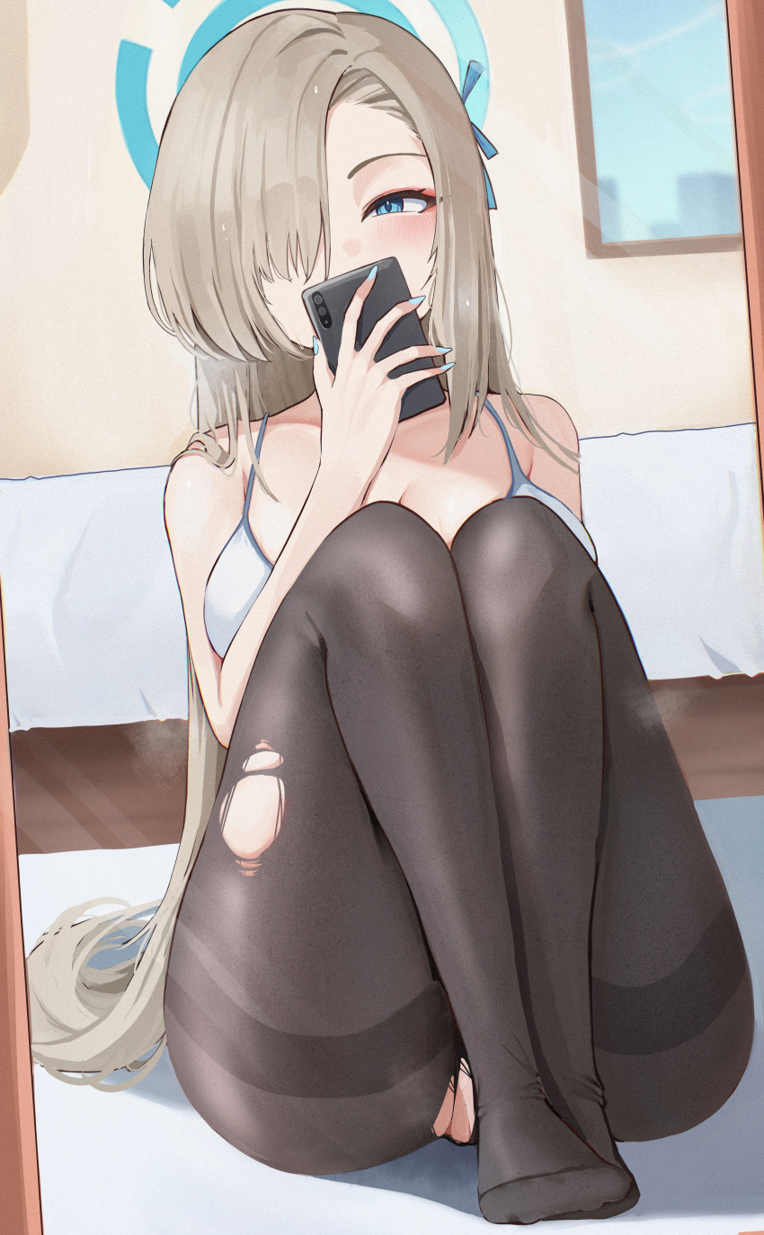 absurdres asuna_(blue_archive) bare_shoulders bed black_pantyhose blonde_hair blue_archive blue_eyes cellphone cellphone_photo fluffyebi01 hair_over_one_eye halo highres holding holding_phone indoors long_hair mirror pantyhose phone picture_frame sitting steam steaming_body torn_clothes torn_pantyhose window