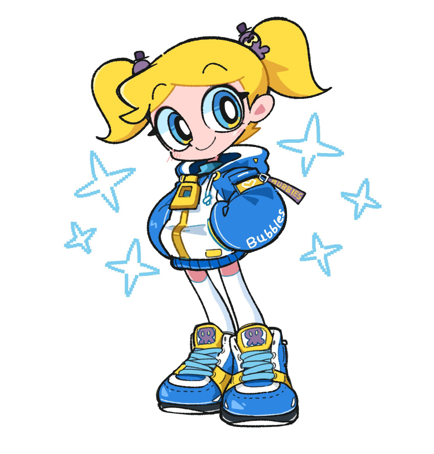 1girl blonde_hair blue_eyes blue_footwear blue_hoodie bubbles_(ppg) character_name commentary english_commentary hands_in_pockets highres hood hoodie kim_crab light_blush looking_at_viewer octopus_hair_ornament parted_bangs powerpuff_girls shoes short_bangs short_hair short_twintails simple_background smile sneakers solo sparkle standing thighhighs toon_(style) twintails two-tone_hoodie very_big_eyes white_background white_thighhighs zettai_ryouiki