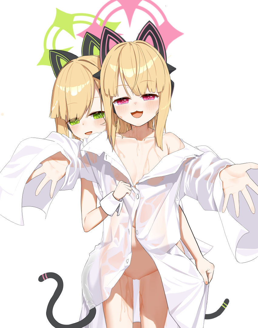 2girls absurdres animal_ear_headphones animal_ears blonde_hair blue_archive blush cat_tail clothes_lift collarbone fake_animal_ears green_eyes green_halo halo headphones highres lifting_another's_clothes looking_at_viewer marshal_(artist) medium_hair midori_(blue_archive) momoi_(blue_archive) multiple_girls open_mouth pink_halo pussy red_eyes see-through see-through_shirt shirt shirt_lift siblings simple_background sisters sleeves_past_fingers sleeves_past_wrists tail wet wet_clothes white_background white_shirt