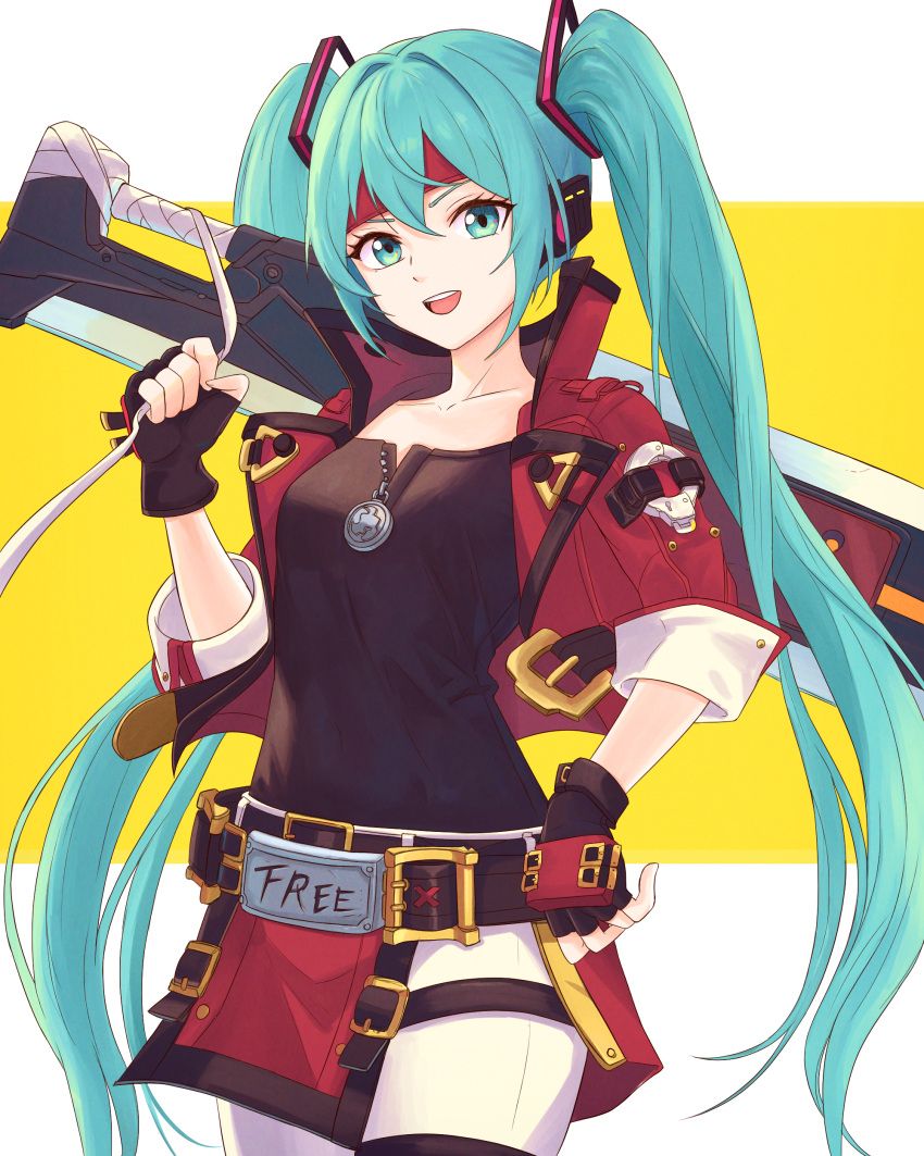 1girl absurdres belt belt_buckle black_shirt blue_eyes blue_hair breasts brown_gloves buckle collar cosplay cropped_jacket fingerless_gloves gloves guilty_gear hatsune_miku highres holding holding_sword holding_weapon jacket long_hair over_shoulder panties red_jacket shirt small_breasts sol_badguy sol_badguy_(cosplay) solo sword sword_over_shoulder truejekart twintails underwear very_long_hair vocaloid weapon weapon_over_shoulder white_background white_panties yellow_background