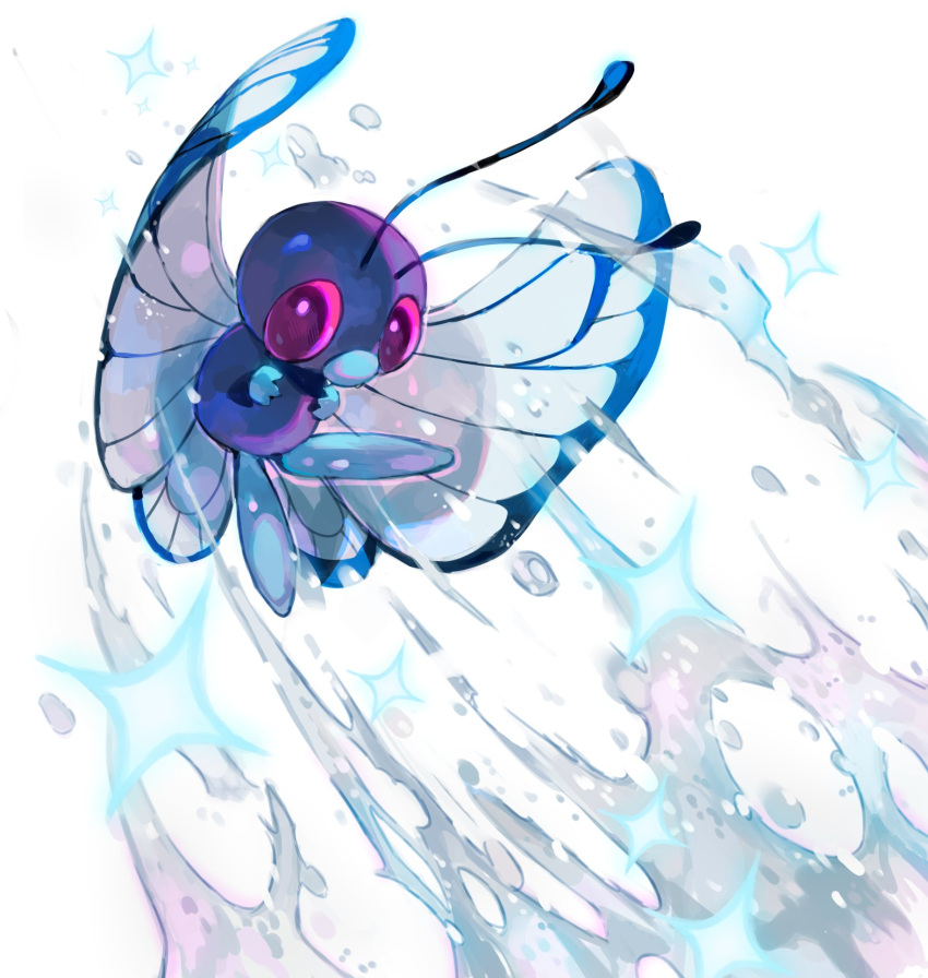 aisutabetao antennae bug butterfly butterfly_wings butterfree flying highres insect_wings midair pokemon pokemon_(creature) red_eyes simple_background solo sparkle water white_background wings