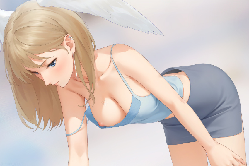1girl bent_over blue_eyes breast_tattoo breasts brown_hair eunie_(xenoblade) head_wings highres medium_hair miniskirt miura-n315 nipples no_bra one_breast_out skirt solo strap_slip tattoo white_wings wings xenoblade_chronicles_(series) xenoblade_chronicles_3