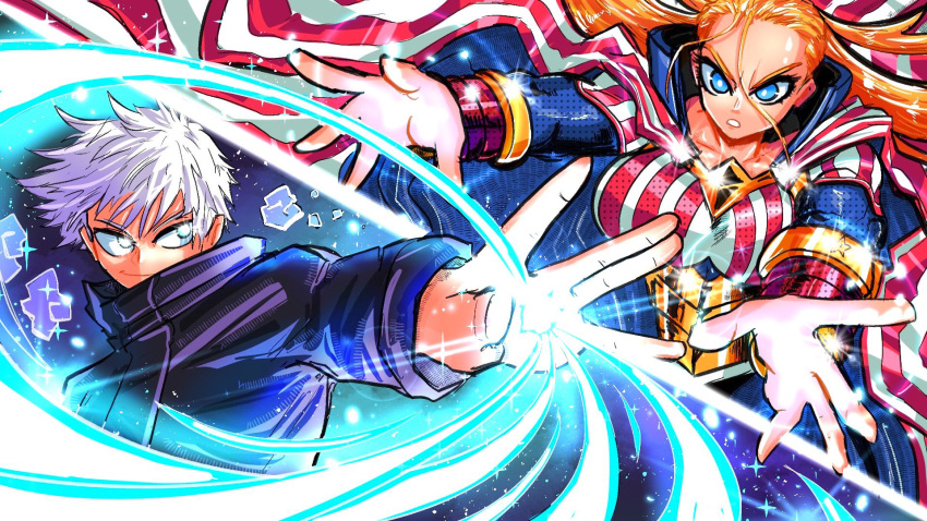 1boy 1girl blonde_hair blue_eyes boku_no_hero_academia bright_pupils cape collarbone crossover energy_ball gojou_satoru hair_between_eyes hair_slicked_back halftone hand_up high_collar highres jujutsu_kaisen jujutsu_tech_uniform light_frown long_hair long_sleeves loose_hair_strand muscular muscular_female open_hand smile sonchapo sparkle sparkling_eyes star_and_stripe_(boku_no_hero_academia) striped_cape superhero_costume white_hair