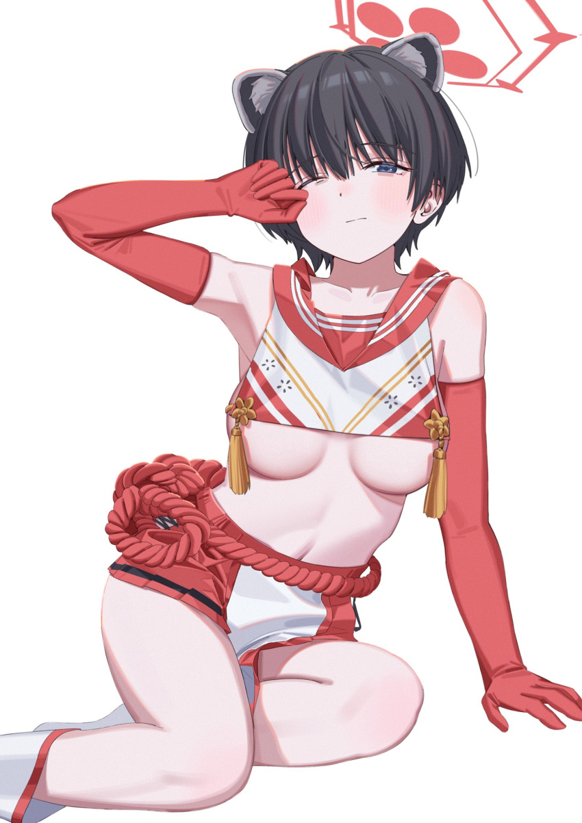 1girl animal_ears black_eyes black_hair blue_archive blush boots breast_curtain breasts elbow_gloves gloves halo highres looking_at_viewer medium_breasts one_eye_closed raccoon_ears red_gloves red_sailor_collar red_skirt revealing_clothes rope rubbing_eyes ryuuforkaf sailor_collar short_hair simple_background sitting skirt solo tassel tsubaki_(blue_archive) underboob white_background