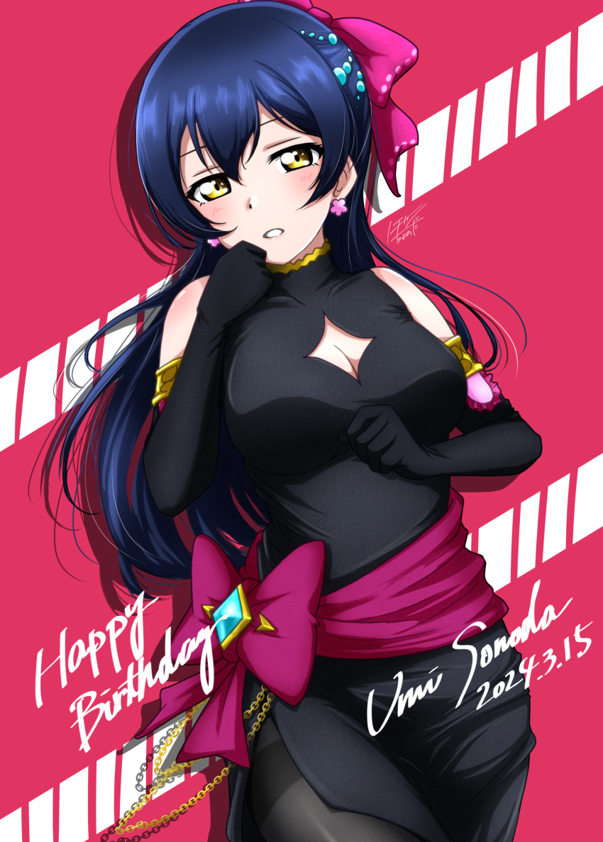 1girl birthday black_dress black_gloves blue_hair blush bow breast_cutout dated diadem dress earrings elbow_gloves gloves hair_bow hair_ornament happy_birthday highres jewelry long_hair looking_at_viewer love_live! pantyhose simple_background sleeveless sleeveless_dress soldier_game solo sonoda_umi surv1v3-13005993 yellow_eyes