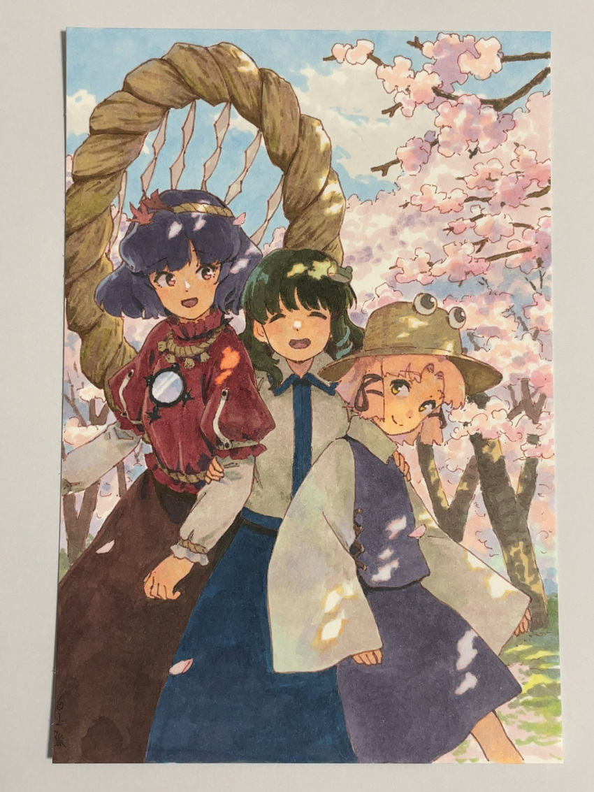 3girls :d arm_grab black_skirt blonde_hair blue_skirt blue_sky cherry_blossoms closed_eyes closed_mouth cloud collared_shirt commentary_request cowboy_shot falling_petals frog_hair_ornament grass green_hair hair_ornament hair_ribbon hand_on_another's_shoulder highres kochiya_sanae layered_sleeves leaf leaf_hair_ornament long_skirt long_sleeves looking_at_another maple_leaf marker_(medium) medium_hair medium_skirt mirror moriya_suwako multiple_girls open_mouth outdoors petals photo_(medium) purple_hair purple_vest red_eyes red_shirt ribbon rope shide shimenawa shiratama_(hockey) shirt short_hair short_over_long_sleeves short_sleeves signature skirt sky smile snake_hair_ornament standing touhou traditional_media turtleneck vest white_shirt wide_sleeves yasaka_kanako yellow_eyes yellow_headwear