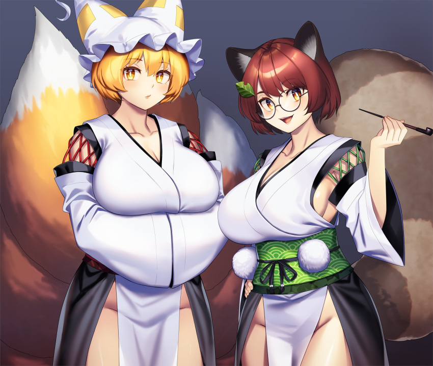 2girls animal_ears arms_under_breasts blonde_hair breasts brown_eyes brown_hair brown_tail cleavage collarbone cowboy_shot detached_sleeves fox_tail futatsuiwa_mamizou glasses green_sash grey_background groin hair_ornament hands_in_opposite_sleeves hat highres holding holding_smoking_pipe japanese_clothes kimono kourindou_tengu_costume large_breasts leaf_hair_ornament long_sleeves mob_cap multiple_girls no_panties ofuda ofuda_on_clothes open_mouth pelvic_curtain raccoon_ears raccoon_girl raccoon_tail round_eyewear sash sideboob simple_background smoking_pipe tail tarmo tassel touhou white_headwear white_kimono white_sleeves wide_sleeves yakumo_ran yellow_eyes yellow_tail