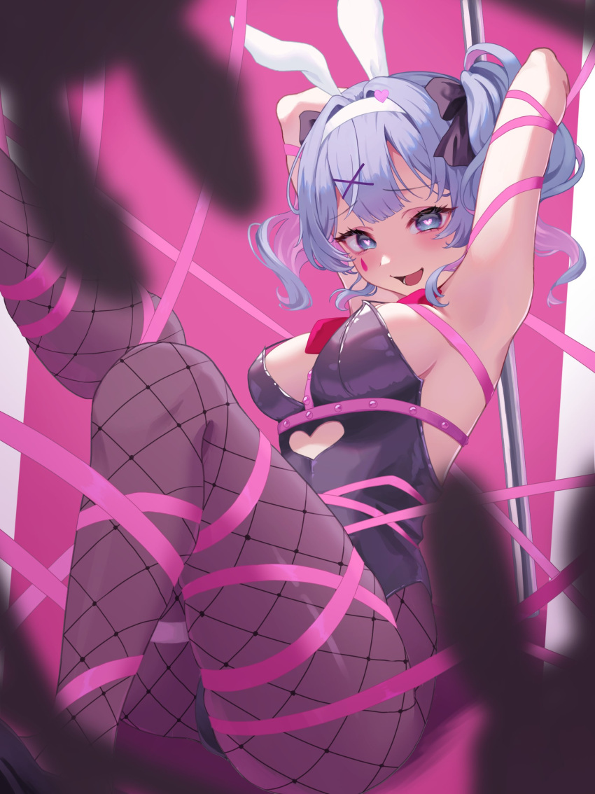 absurdres animal_ears armpits arms_up black_leotard blue_eyes blue_hair blurry blurry_foreground blush bound breasts clothing_cutout cutout_above_navel eyelashes fishnet_pantyhose fishnets hatsune_miku heart heart-shaped_pupils heart_cutout highres large_breasts leotard medium_hair nagi-negitoro necktie pantyhose pink_background pink_necktie playboy_bunny pole rabbit_ears rabbit_hole_(vocaloid) restrained ribbon spaghetti_strap stripper_pole symbol-shaped_pupils teardrop tied_up_(nonsexual) twintails