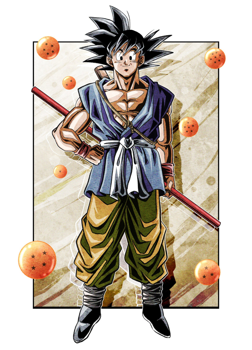 1boy absurdres black_eyes black_hair dougi dragon_ball dragon_ball_(object) dragon_ball_gt highres looking_at_viewer male_focus muscular muscular_male pants pectorals ruyi_jingu_bang saiyan short_hair simple_background smile son_goku spiked_hair ushi_(akabec0) wristband yellow_pants