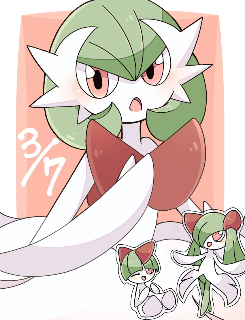 border colored_skin commentary_request dated evolutionary_line gardevoir gardevoir_day green_hair hair_over_one_eye highres kirlia one_eye_closed open_mouth outside_border pokemon pokemon_(creature) ralts red_background red_eyes standing suzu_(pixiv_32232702) white_border white_skin