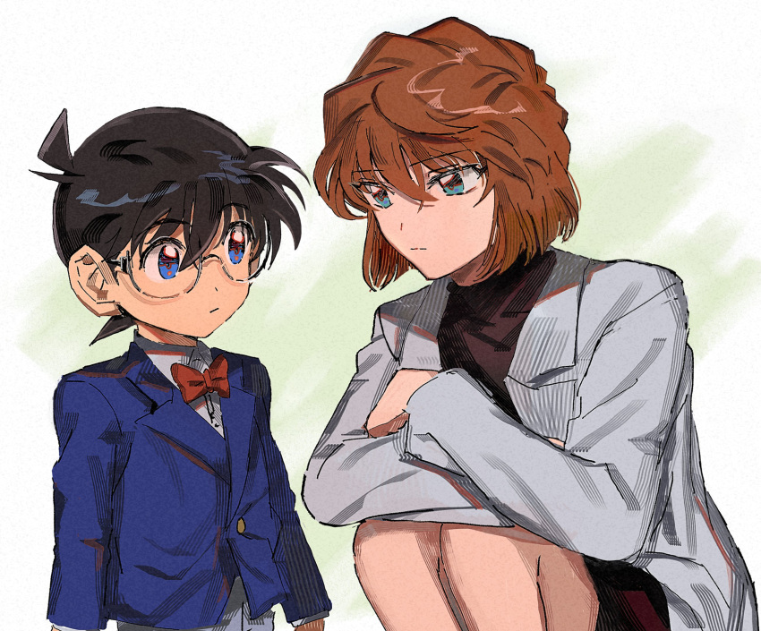 1boy 1girl black_hair black_skirt blue_jacket bow bowtie brown_hair closed_mouth coat crossed_arms edogawa_conan eye_contact glasses grey_pants highres jacket knees_up lab_coat looking_at_another meitantei_conan miyano_shiho open_clothes open_coat pants red_bow red_bowtie round_eyewear segami short_hair skirt