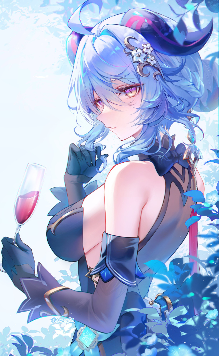 1girl absurdres alcohol back bare_shoulders black_sleeves blue_background blue_dress blue_gloves blue_hair breasts cup detached_sleeves dress drinking_glass from_side ganyu_(genshin_impact) ganyu_(twilight_blossom)_(genshin_impact) genshin_impact gloves goat_horns gz_(gyoju) hair_between_eyes hair_bun hair_ornament highres horns medium_breasts official_alternate_hairstyle parted_lips playing_with_own_hair purple_eyes sideboob sideless_dress sidelocks solo upper_body wine wine_glass