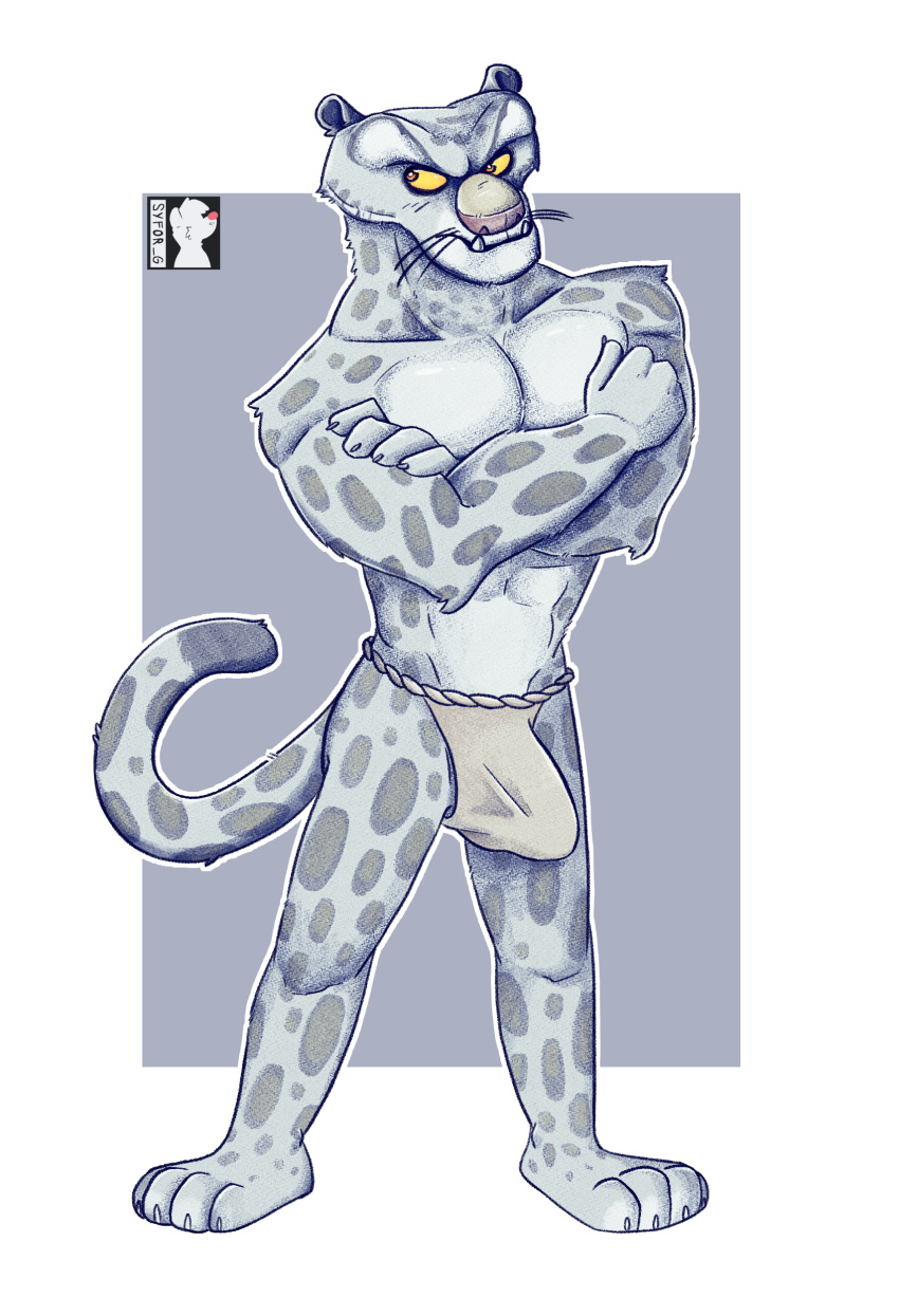 absurd_res anthro bulge clothing dreamworks felid hi_res kung_fu_panda leopard male mammal pantherine pecs simple_background snow_leopard solo syforg tai_lung_(kung_fu_panda) underwear whiskers yellow_eyes