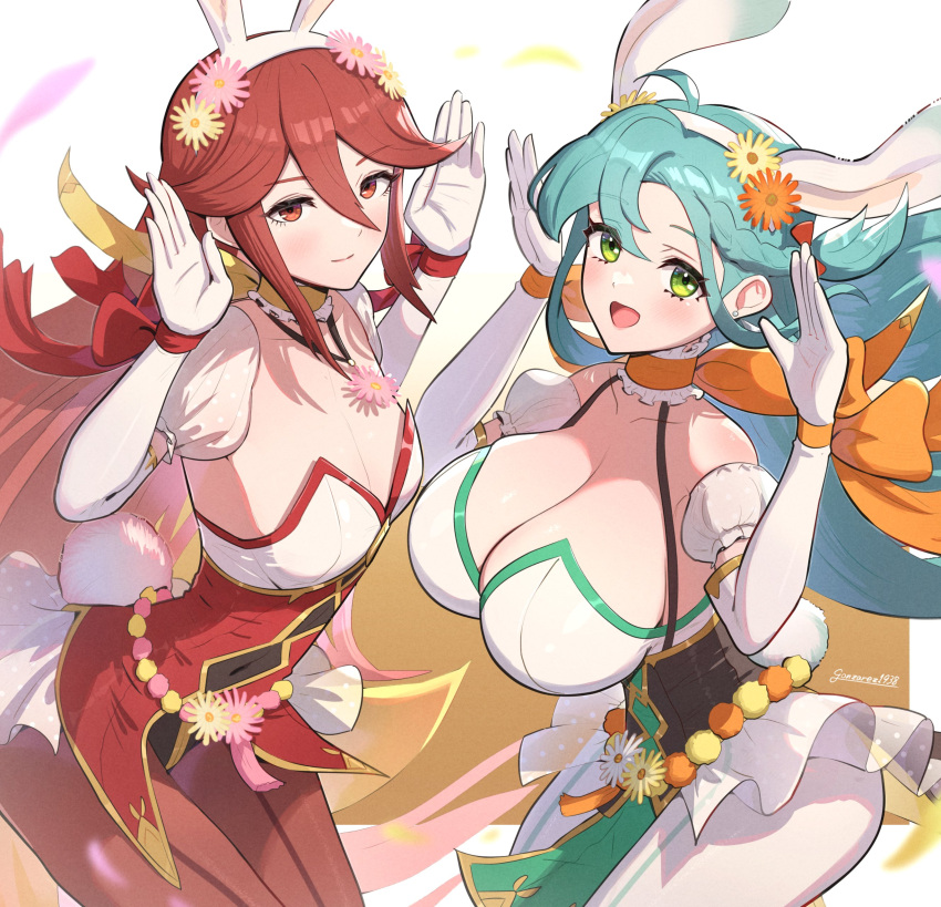 2girls :d absurdres ahoge animal_ears aqua_hair bare_shoulders blush braid breasts chloe_(fire_emblem) chloe_(spring)_(fire_emblem) choker cleavage collarbone commentary_request cordelia_(fire_emblem) cordelia_(spring)_(fire_emblem) cowboy_shot detached_sleeves elbow_gloves fake_animal_ears fake_tail fire_emblem fire_emblem_awakening fire_emblem_engage fire_emblem_heroes flower foot_out_of_frame gloves gonzarez green_eyes green_footwear hair_flower hair_ornament hands_up high_heels highres jewelry large_breasts leotard long_hair looking_at_viewer medium_breasts multiple_girls necklace official_alternate_costume open_mouth orange_choker pantyhose playboy_bunny puffy_short_sleeves puffy_sleeves rabbit_ears rabbit_tail red_eyes red_hair red_leotard red_pantyhose scarf short_sleeves simple_background smile strapless strapless_leotard suspenders tail thighs very_long_hair white_background white_gloves white_pantyhose wrist_cuffs yellow_scarf