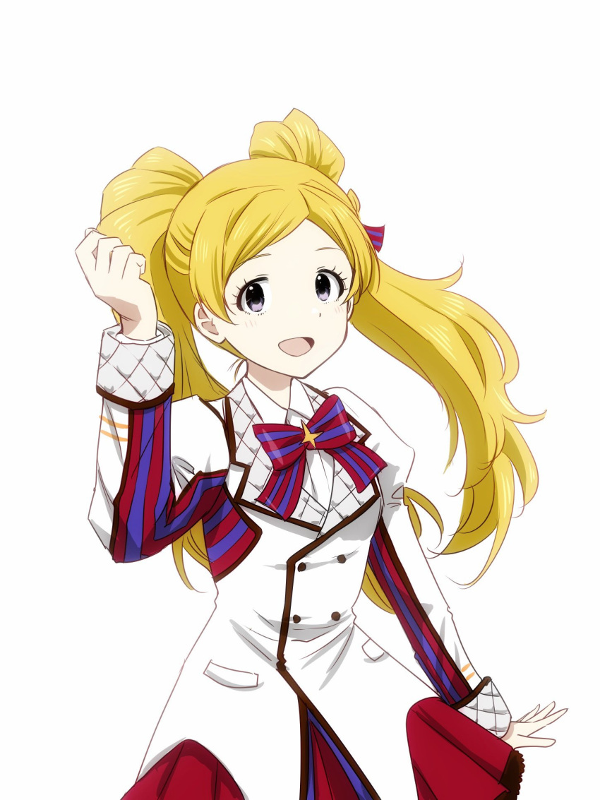 1girl blonde_hair buttons collar collared_shirt cowboy_shot dot_nose emily_stewart eyelashes fluffy_hair hand_up highres idolmaster idolmaster_million_live! idolmaster_million_live!_theater_days jacket knocking long_hair long_sleeves looking_at_viewer matcha_kingyo official_alternate_costume open_mouth parted_bangs pleated_skirt purple_eyes red_skirt ribbon shirt sidelocks simple_background skirt sleeves_rolled_up smile solo standing twintails white_background white_collar white_jacket