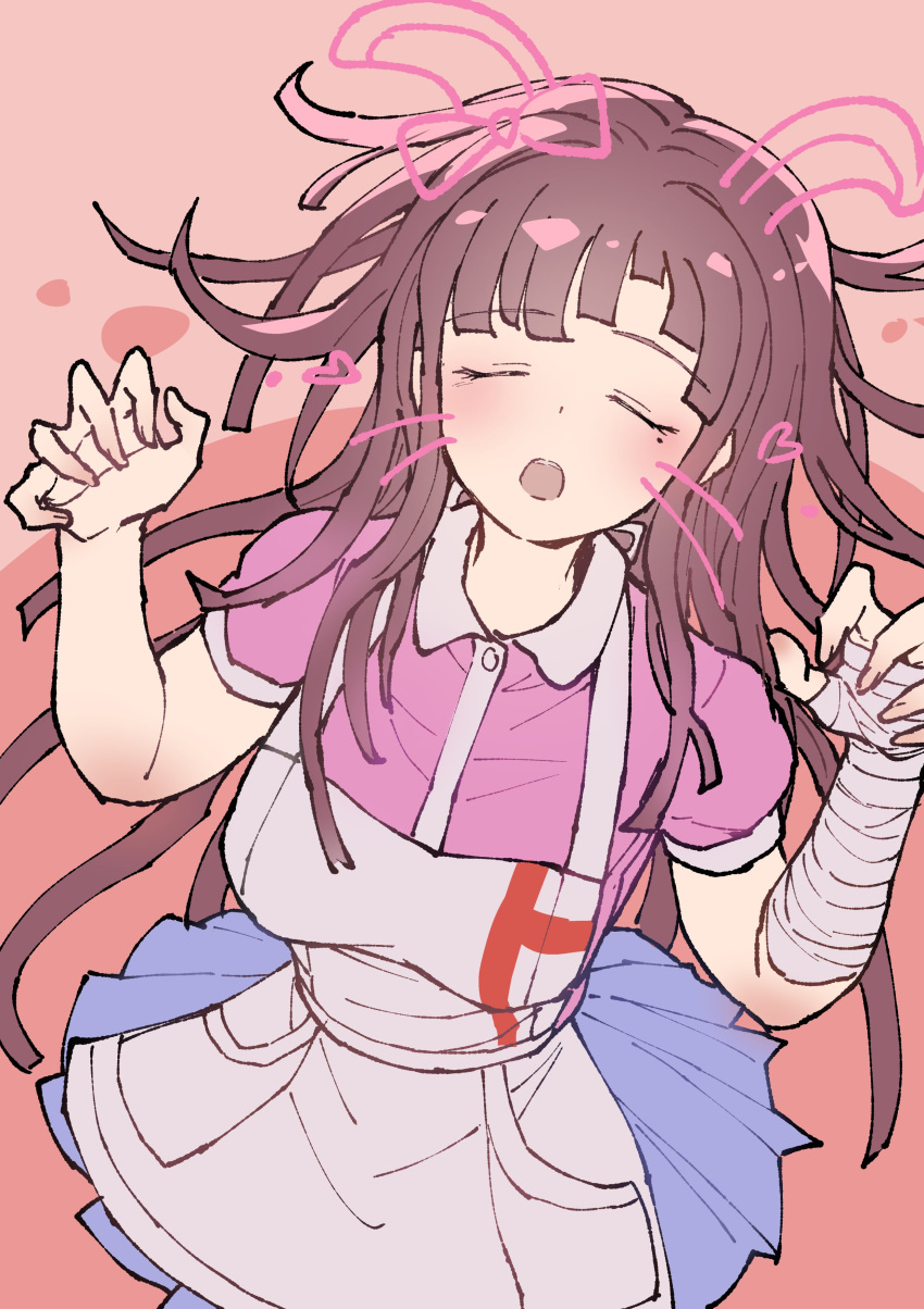 1girl :o absurdres animal_ears apron bandaged_arm bandages blush breasts brown_hair claw_pose closed_eyes collared_shirt cowboy_shot danganronpa_(series) danganronpa_2:_goodbye_despair facing_viewer fake_animal_ears fake_whiskers grey_apron hands_up heart highres large_breasts mole mole_under_eye pink_background pink_shirt puffy_short_sleeves puffy_sleeves shirt short_sleeves solo tsumiki_mikan youko-shima