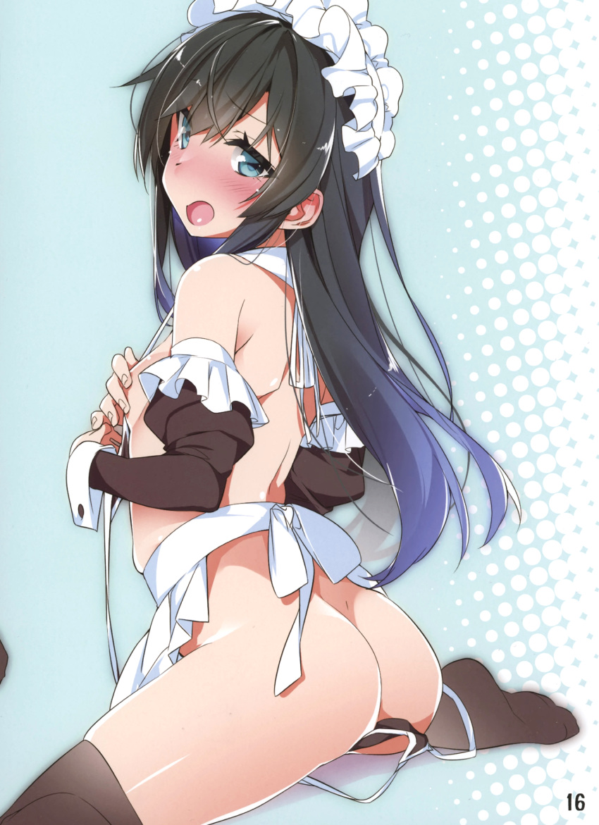 1girl :o absurdres alternate_costume apron aqua_background arm_warmers asashio_(kancolle) ass bare_shoulders bikini black_hair black_thighhighs blue_eyes blush breasts covering_privates detached_sleeves enmaided frills from_behind hair_between_eyes halftone halftone_background highres kantai_collection long_hair looking_at_viewer looking_back maid maid_headdress micro_bikini mtu_(orewamuzituda) non-web_source open_mouth page_number scan sitting small_breasts solo swimsuit thighhighs untied_bikini wariza white_apron wrist_cuffs