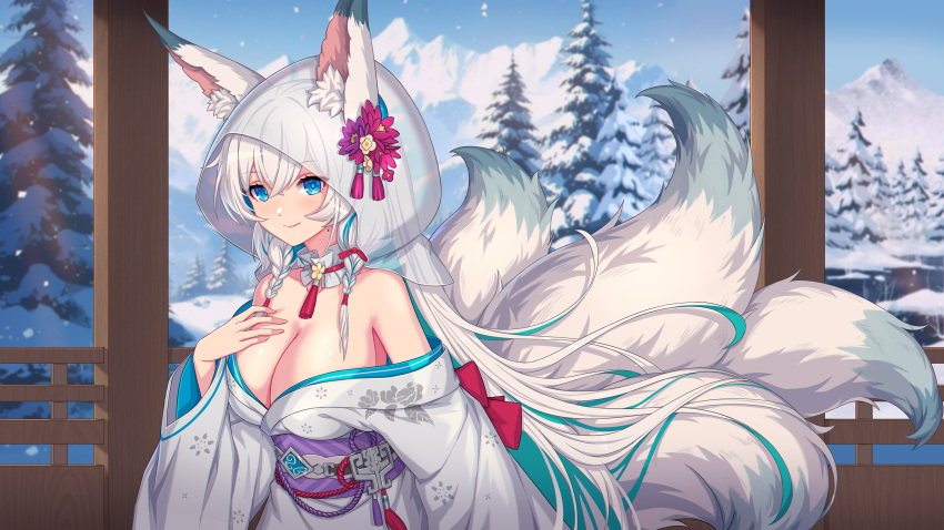 1girl animal_ear_fluff animal_ears breasts bride cleavage clover_theater colored_inner_hair forest fox_ears fox_girl fox_tail green_hair highres japanese_clothes katsuya_(clover_theater) kimono kitsune kyuubi large_breasts long_hair looking_at_viewer mole mole_on_neck mountain multicolored_hair multiple_tails nairobi_song nature shiromuku smile snow solo tail tree uchikake white_hair white_kimono white_tail