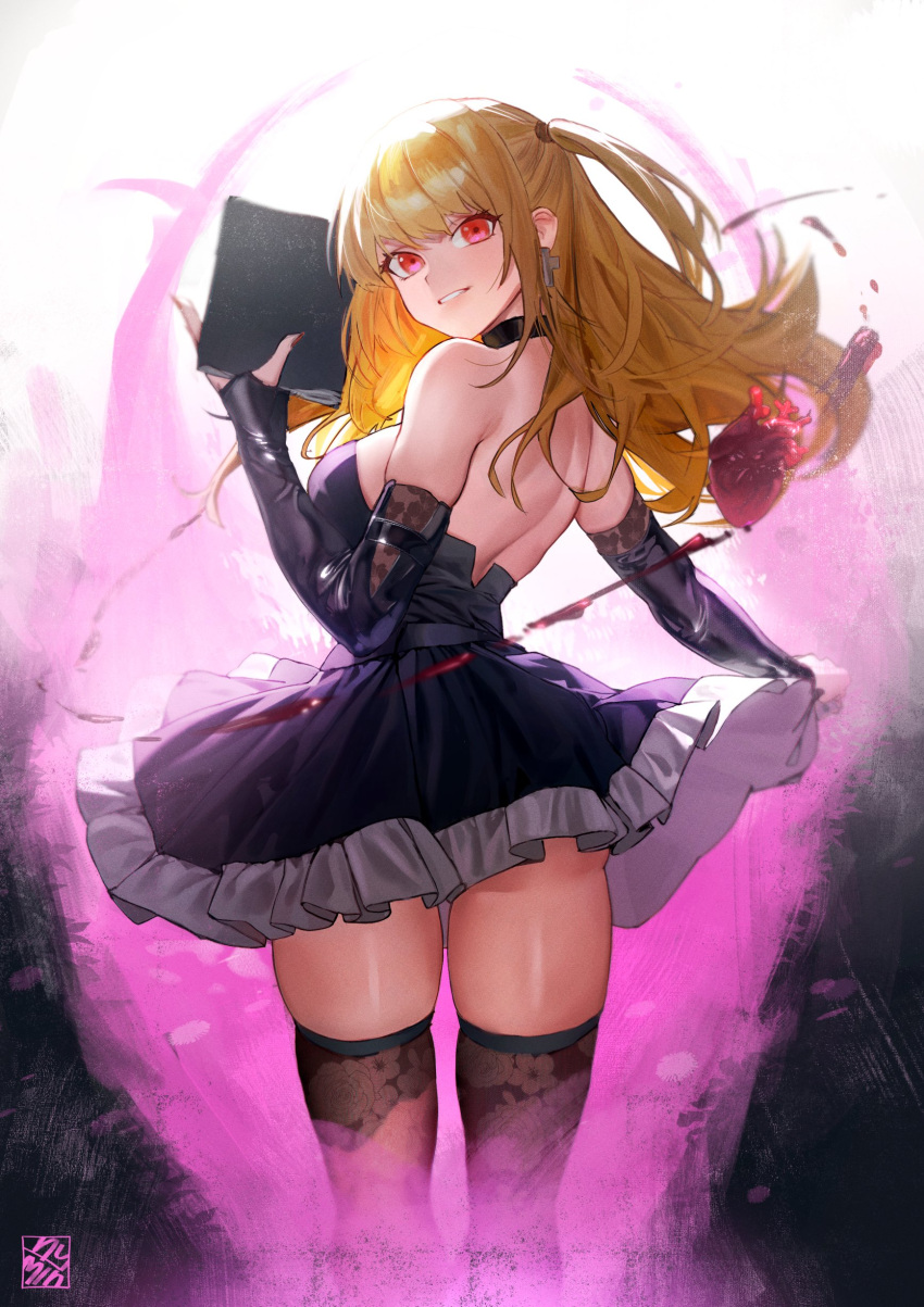 1girl absurdres amane_misa ass_peek backless_dress backless_outfit bare_back black_choker black_dress black_gloves blonde_hair blood book breasts bridal_gauntlets brown_thighhighs choker commentary cowboy_shot cross cross_earrings death_note death_note_(object) dress earrings elbow_gloves english_commentary feet_out_of_frame floral_print from_behind gloves gothic_lolita heart_(organ) highres holding holding_book hymin jewelry lace_thighhighs lolita_fashion long_hair looking_back medium_breasts nail_polish no_bra print_thighhighs red_eyes red_nails sideboob skindentation solo strapless strapless_dress thigh_gap thighhighs thighs two_side_up underbutt