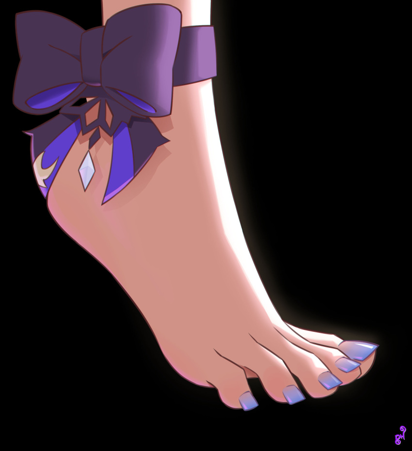 1girl absurdres ankle_bow artist_logo barefoot black_background bow commentary commission english_commentary feet feet_only foot_focus genshin_impact highres keqing_(genshin_impact) mohoshadream nail_polish purple_nails simple_background solo spread_toes toenail_polish toenails toes