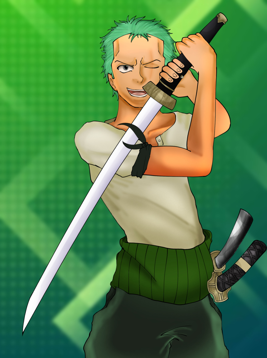 1boy full_body green_hair highres holding holding_sword holding_weapon ibispaint_(medium) katana looking_at_viewer male_focus multiple_swords muscular muscular_male one_piece one_piece_treasure_cruise pirate roronoa_zoro scar scar_on_face short_hair simple_background solo sword weapon