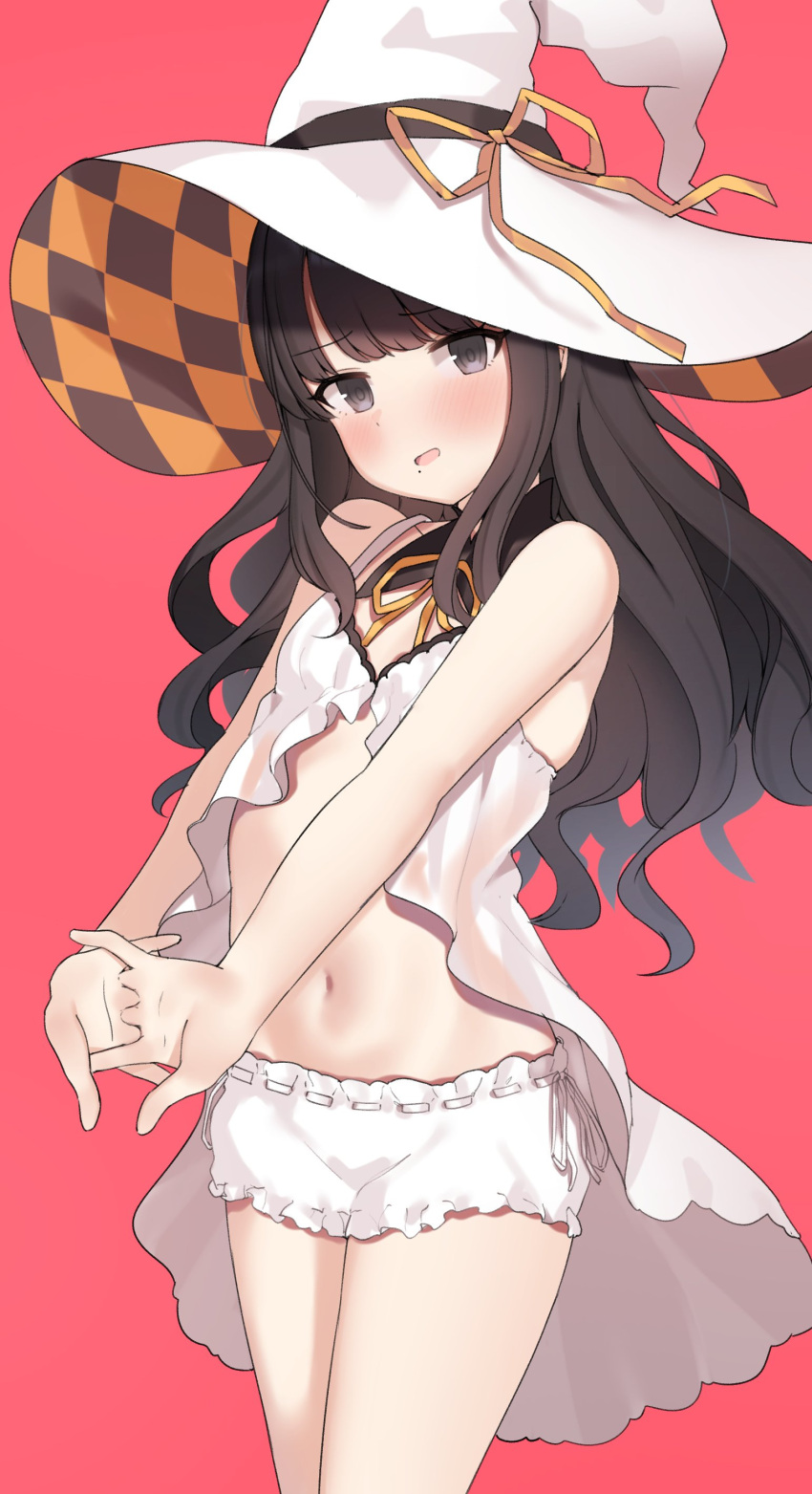 1girl aa211108 absurdres black_hair bloomers blush breasts hat hat_ribbon highres idolmaster idolmaster_shiny_colors interlocked_fingers kazano_hiori looking_at_viewer mole mole_under_mouth navel neck_ribbon official_alternate_costume own_hands_together pink_background revealing_clothes ribbon simple_background small_breasts solo stomach stretching white_bloomers witch_hat yellow_ribbon