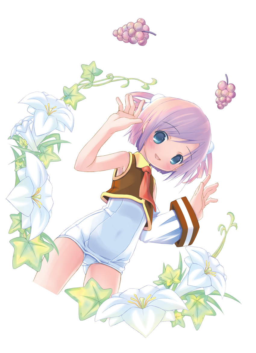 1girl absurdres arm_up armpits ass_visible_through_thighs blue_eyes blush brown_shirt covered_navel flower food fruit grapes highres moetan nijihara_ink old_school_swimsuit one-piece_swimsuit open_mouth pink_hair pop_(electromagneticwave) school_swimsuit shirt short_hair sleeveless sleeveless_shirt smile solo swimsuit swimsuit_under_clothes thighs waving white_one-piece_swimsuit