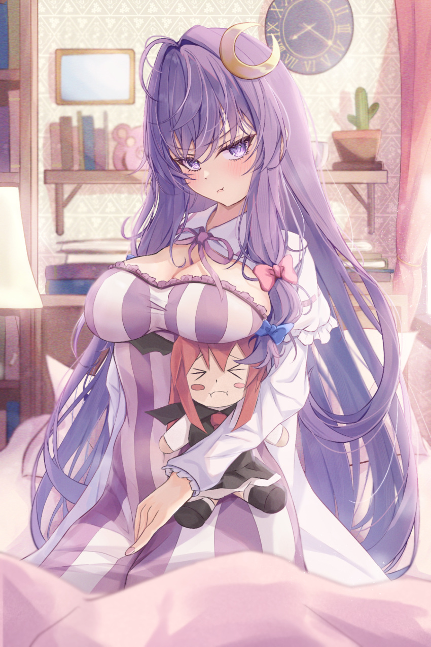 &gt;_&lt; 1girl :i :t bed blue_bow blush blush_stickers book book_stack bookshelf bow breasts cactus capelet character_doll cleavage clock closed_eyes closed_mouth commentary_request covered_navel crescent crescent_hair_ornament curtains desk dress frilled_capelet frilled_dress frills hair_bow hair_ornament head_wings highres koakuma lamp large_breasts light_frown light_particles long_hair long_sleeves messy_hair neck_ribbon no_headwear partial_commentary patchouli_knowledge pennosuke picture_frame plant potted_plant pout purple_eyes purple_hair purple_ribbon red_bow red_hair ribbon sitting striped_clothes striped_dress sunlight touhou vertical-striped_clothes vertical-striped_dress very_long_hair wings