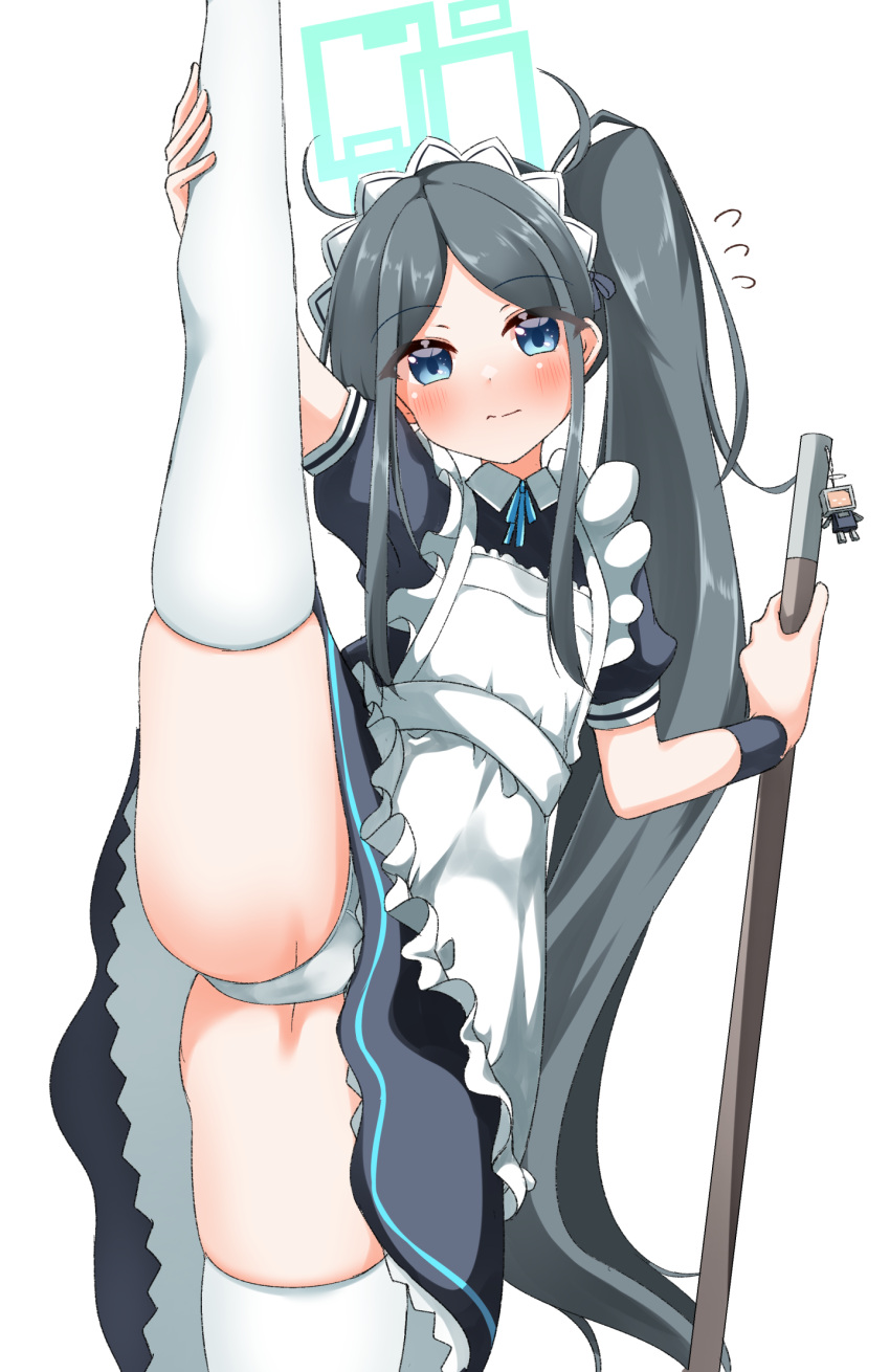 1girl absurdly_long_hair apron aqua_ribbon aris_(blue_archive) aris_(maid)_(blue_archive) black_dress black_hair black_wristband blue_archive blue_eyes dress frilled_apron frills halo highres holding holding_mop long_hair looking_at_viewer maid maid_apron maid_headdress mop official_alternate_costume panties pia_(botamochinjufu) puffy_short_sleeves puffy_sleeves ribbon short_sleeves solo split standing standing_on_one_leg standing_split thighhighs underwear very_long_hair white_apron white_panties white_thighhighs