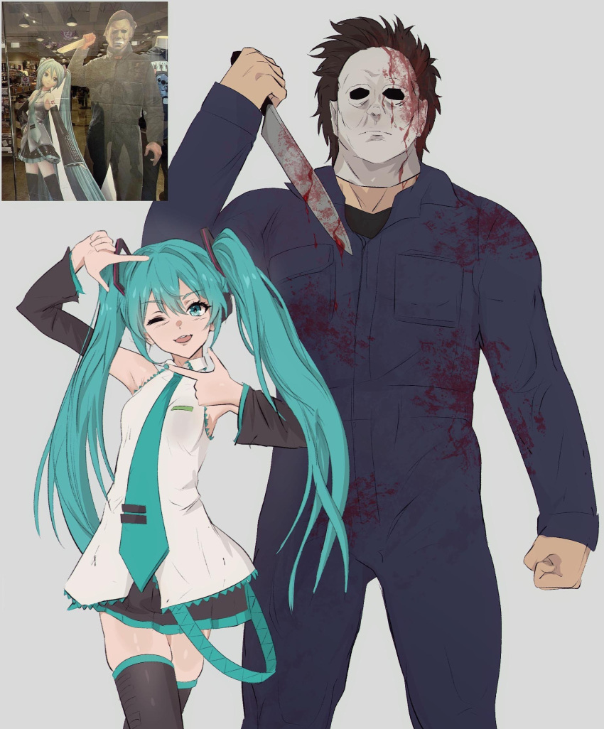 1boy 1girl black_jumpsuit black_skirt black_thighhighs blood blood_on_clothes blood_on_knife blood_on_mask blue_bow blue_eyes blue_hair blue_nails blue_necktie bow brown_hair clenched_hand crossover detached_sleeves drill_hair hair_ornament halloween_(movie) hatsune_miku highres jumpsuit knife long_hair long_sleeves mask michael_myers miniskirt nail_polish necktie one_eye_closed open_mouth pleated_skirt simple_background skirt smile thighhighs twintails vocaloid white_background white_mask wide_sleeves yoracrab