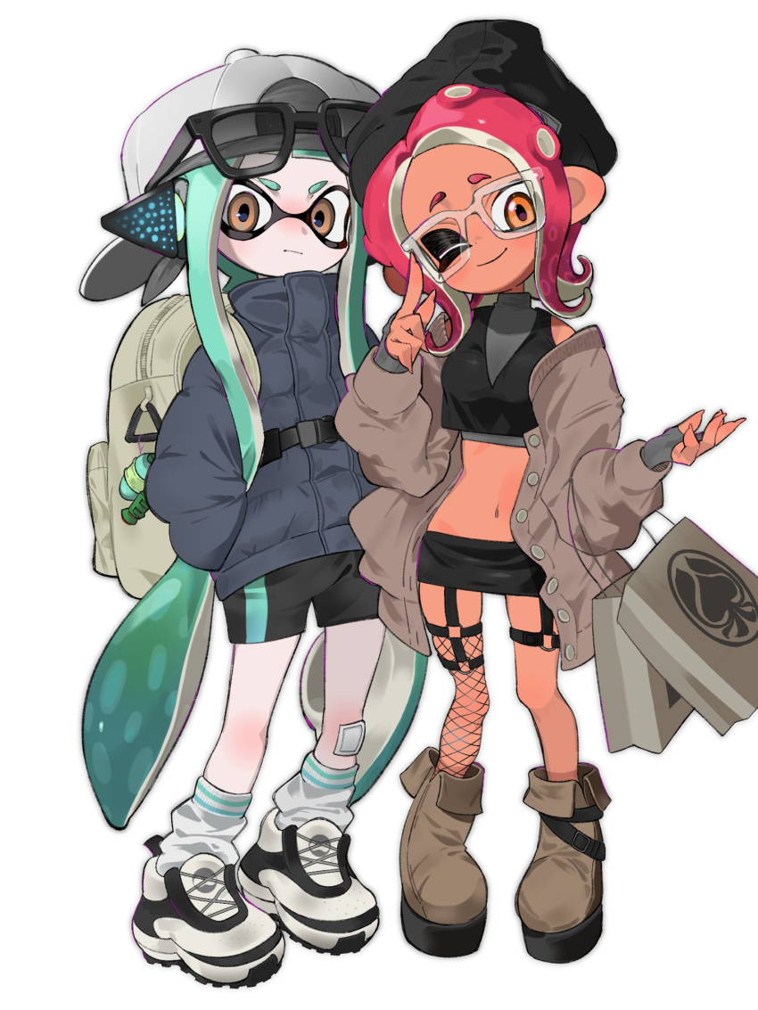 2girls agent_3_(splatoon) agent_8_(splatoon) aqua_hair backpack backwards_hat bag baseball_cap bike_shorts black-framed_eyewear black_skirt blue_jacket boots breasts brown_footwear closed_mouth crop_top dark-skinned_female dark_skin eyewear_on_head fishnet_thighhighs fishnets full_body glasses grey_bag grey_jacket hands_in_pockets hat headphones highres holding holding_bag inkling inkling_girl inkling_player_character jacket lat_latte71 leg_warmers long_hair looking_at_viewer medium_hair miniskirt multiple_girls octoling octoling_girl octoling_player_character one_eye_closed open_clothes open_jacket orange_eyes pencil_skirt red_hair shoes shopping_bag simple_background single_thighhigh skirt smile splatoon_(series) standing sunglasses tentacle_hair thighhighs very_long_hair white_background white_footwear