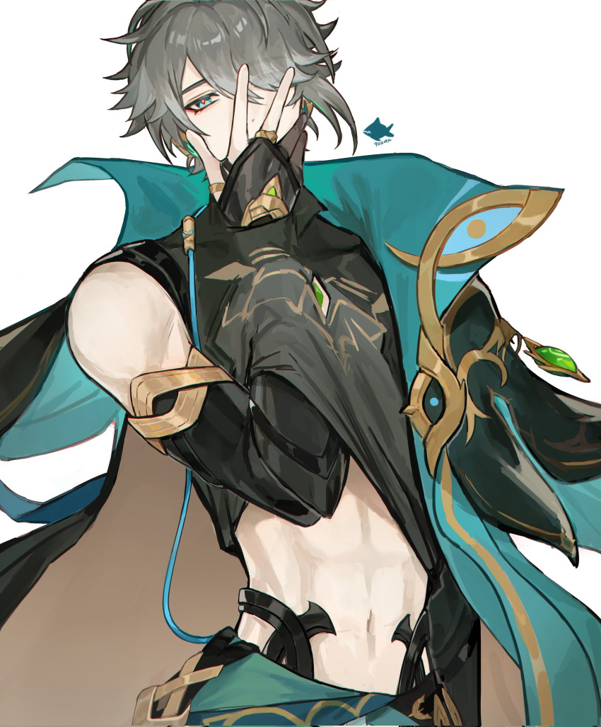 1boy abs alhaitham_(genshin_impact) artist_name black_gloves black_shirt cable cape chest_jewel clothes_lift commentary_request corrupted_twitter_file covering_own_mouth elbow_gloves eyes_visible_through_hair gem genshin_impact gloves gold_trim green_cape green_eyes green_gemstone grey_hair guilty_challenge_(meme) hair_over_one_eye hand_over_own_mouth hand_under_clothes hand_under_shirt headphones highres korean_commentary looking_at_viewer male_focus meme navel parted_bangs partially_fingerless_gloves qoz shirt shirt_lift short_hair simple_background sleeveless sleeveless_shirt solo stomach swept_bangs vision_(genshin_impact) white_background