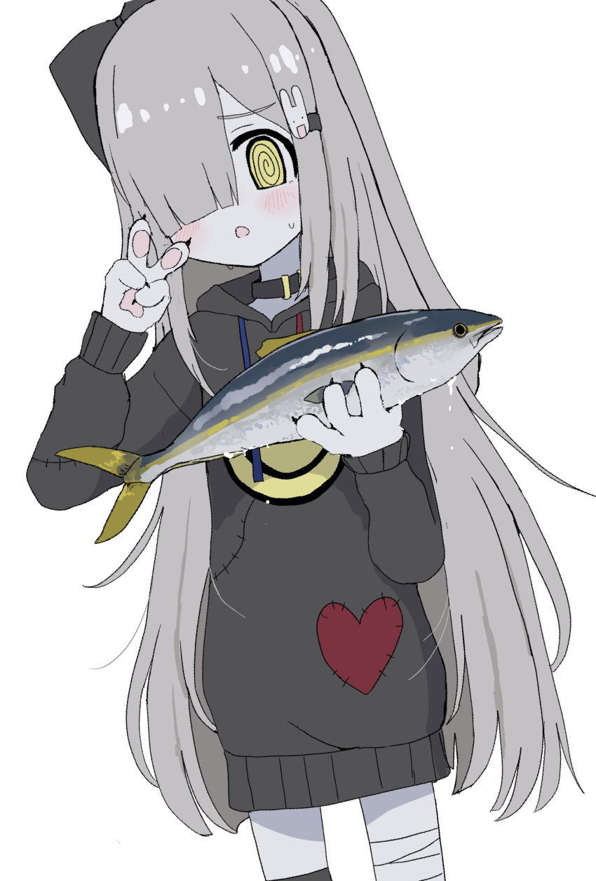 1girl @_@ animal animal_collar animal_hands bandaged_leg bandages black_bow black_hoodie blush bow claws collar dutch_angle fewer_digits fish fish_request furrowed_brow furry furry_female grey_hair hair_bow hair_ornament hair_over_one_eye hands_up highres holding holding_animal holding_fish hood hood_down hoodie long_hair long_sleeves looking_at_viewer no_pants one_eye_covered open_mouth original oyasu_miyo pawpads print_hoodie rabbit_hair_ornament simple_background smiley_face solo standing stitches sweat v vreparty white_background yellow_eyes