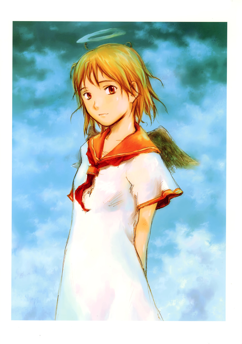 1girl abe_yoshitoshi absurdres angel angel_wings arms_behind_back blonde_hair blue_background brown_eyes brown_hair brown_sailor_collar closed_mouth cloud dress feathered_wings grey_wings haibane_renmei halo highres neckerchief non-web_source orange_sailor_collar rakka_(haibane) red_neckerchief sailor_collar scan shirt short_hair sky solo white_dress white_shirt wings