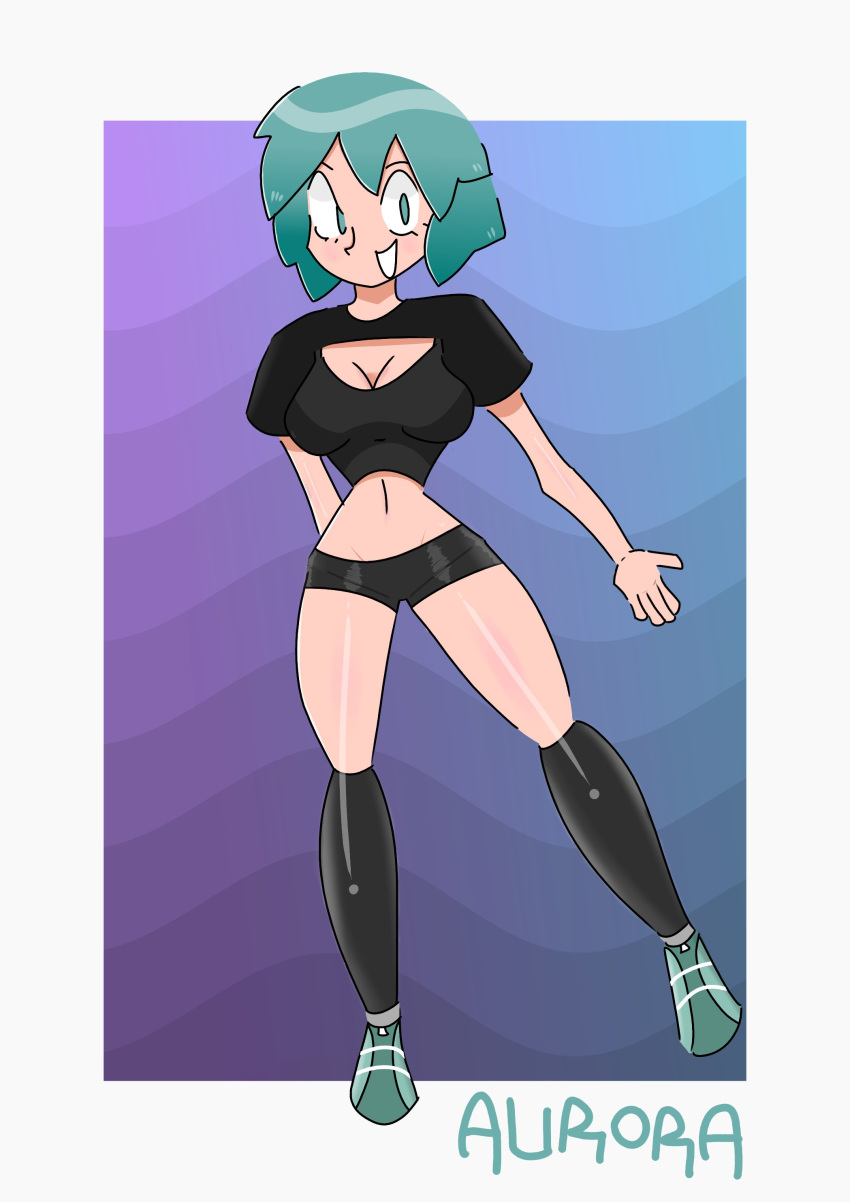 1girl absurdres aurora_(novabreaker) black_shirt black_shorts black_socks breasts crop_top detached_sleeves green_eyes green_footwear green_hair highres jeremias kneehighs midriff novabreaker shirt shoes short_hair short_sleeves shorts smile sneakers socks thighs