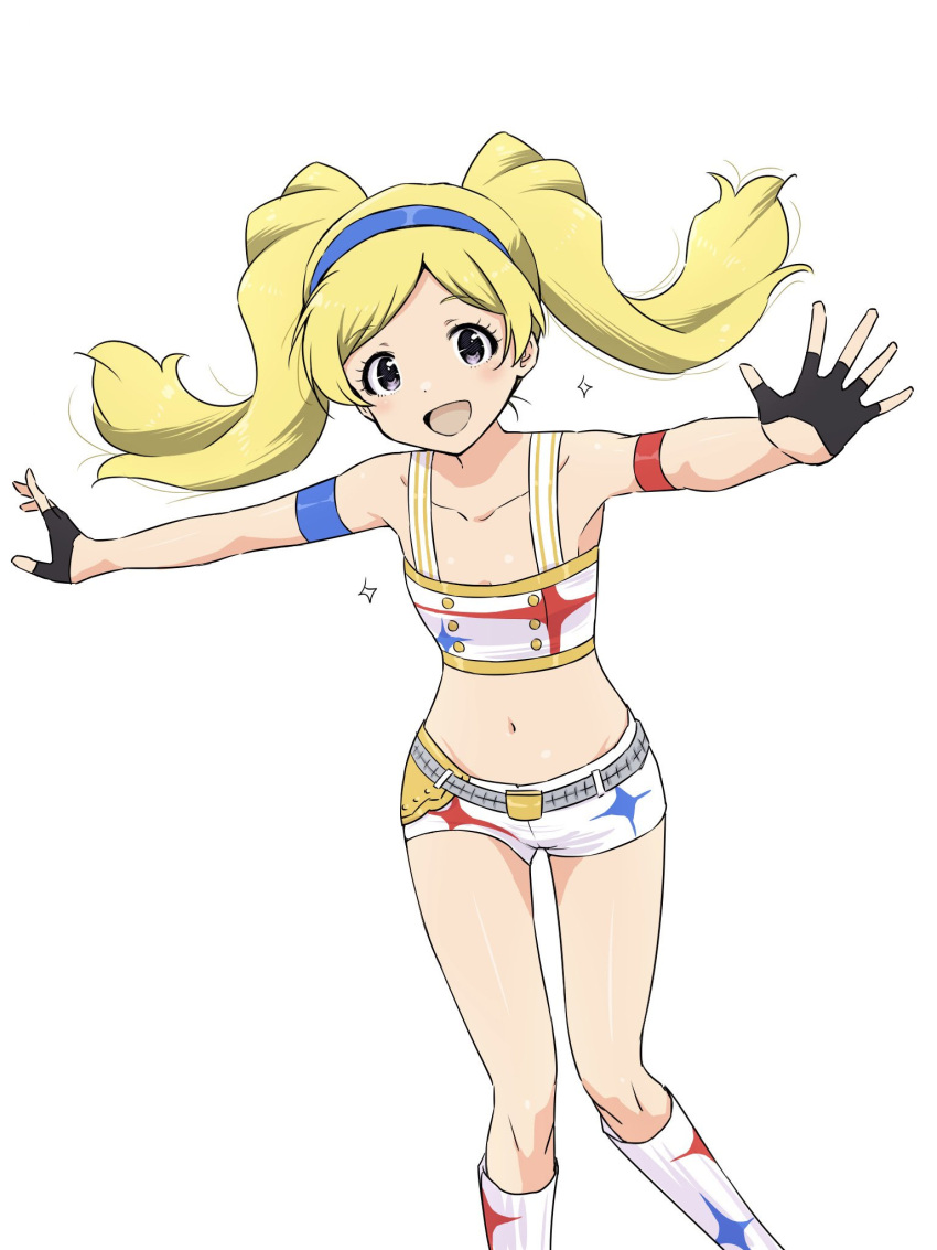 1girl armpits bare_shoulders belt blonde_hair blue_hairband blush collarbone commentary_request cowboy_shot dot_nose eyelashes fingerless_gloves fluffy_hair gloves grey_belt hairband highres idolmaster idolmaster_million_live! idolmaster_million_live!_theater_days kneehighs looking_at_viewer matcha_kingyo navel official_alternate_costume open_hands open_mouth outstretched_arms parted_bangs purple_eyes shoulder_strap sidelocks simple_background smile socks solo sparkle spread_arms standing tank_top twintails white_background