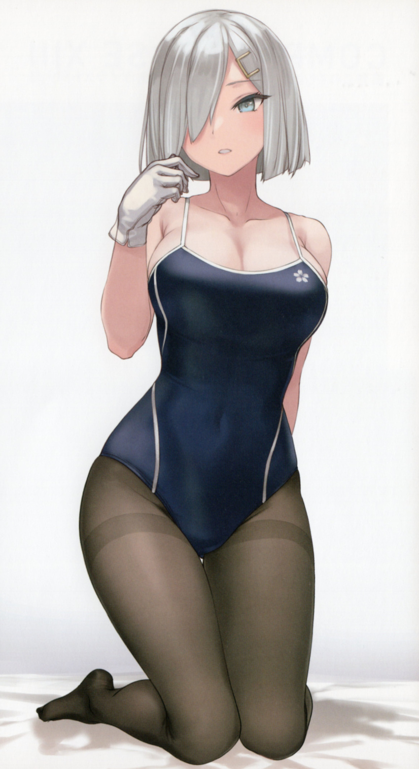 1girl absurdres blue_eyes blue_one-piece_swimsuit blush breasts cleavage collarbone comiket_100 feet full_body gloves grey_hair hair_ornament hair_over_one_eye hairclip hamakaze_(kancolle) highres kantai_collection kneeling large_breasts legs looking_at_viewer medium_hair no_shoes non-web_source one-piece_swimsuit pantyhose pantyhose_under_swimsuit parted_lips rokuwata_tomoe scan short_hair simple_background solo swimsuit thighs white_background white_gloves