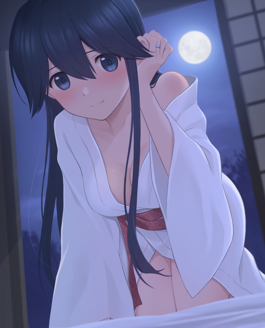 1girl alternate_costume azuki-iro blue_eyes breasts hair_down highres houshou_(kancolle) japanese_clothes jewelry kantai_collection kimono looking_at_viewer medium_breasts moon night ring shouji sliding_doors smile solo wedding_ring yukata