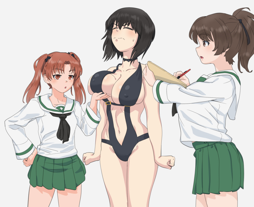 3girls black_choker black_hair black_slingshot_swimsuit blush breast_lift breasts brown_eyes brown_hair choker cleavage clenched_hands clipboard closed_eyes closed_mouth girls_und_panzer grabbing grabbing_another's_breast hand_on_own_hip highres huaronanago kadotani_anzu kawashima_momo koyama_yuzu large_breasts long_hair miniskirt multiple_girls navel ooarai_school_uniform open_mouth pen ponytail school_uniform short_hair simple_background skirt slingshot_swimsuit small_breasts swimsuit twintails white_background writing